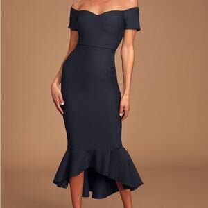 Lulus Midnight Blue How Much I Care Off-the-Shoulder Midi Dress Sz S NWT